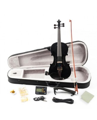 Glarry 4/4 Solid Wood EQ Violin Case Bow Violin Strings Shoulder Rest Electronic Tuner Connecting Wire Cloth Black