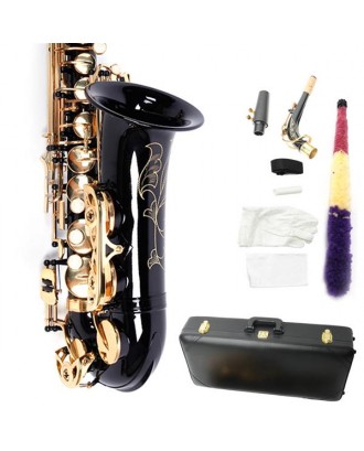 [US-W]Be Brass Carving Pattern Pearl White Shell Button Saxophone with Strap Black