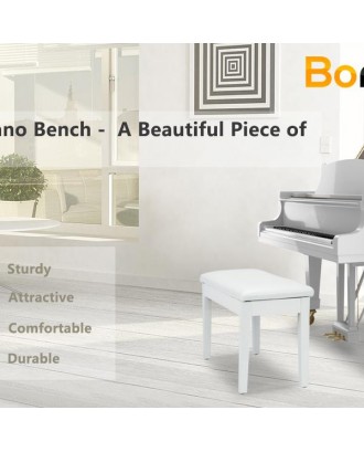 Bonnlo 29" Flat Leather Cushion Double Persons Straight Leg Piano Stool White