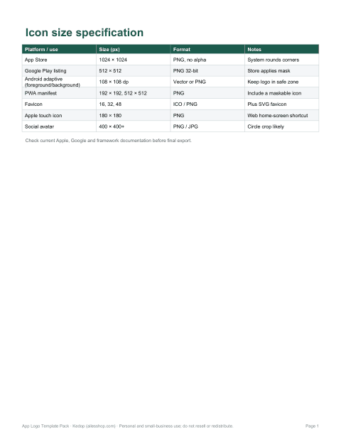 Preview of the first page of Icon size specification