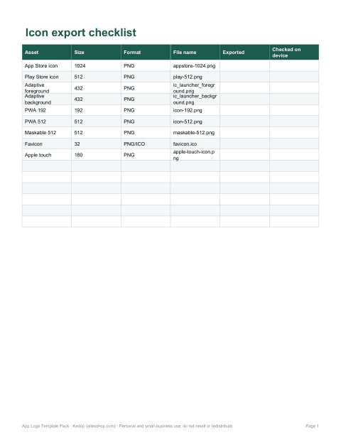 Preview of the first page of Export checklist (Excel)